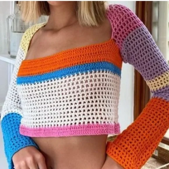 Knit Crop Top Emilyn Crochet Square Neck sweater - Picture 6 of 11